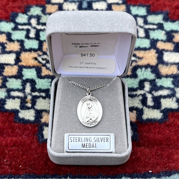 St. Martha Sterling Silver Oval Religious Medal Necklace 18” Lite Curb Chain - Picture 1 of 3